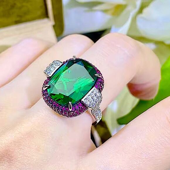 Sterling Silver Emerald Purple Gemstone Statement Ring - Picture 8 of 9